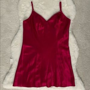 Magenta Pink Satin Slip Mini Dress with Embellished Neckline Size L